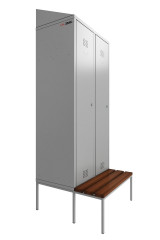 Шкаф двухсекционный для хранения спецодежды, 2150х800х500 мм (с учетом скошенной крыши), со скамьей шир.300 мм.